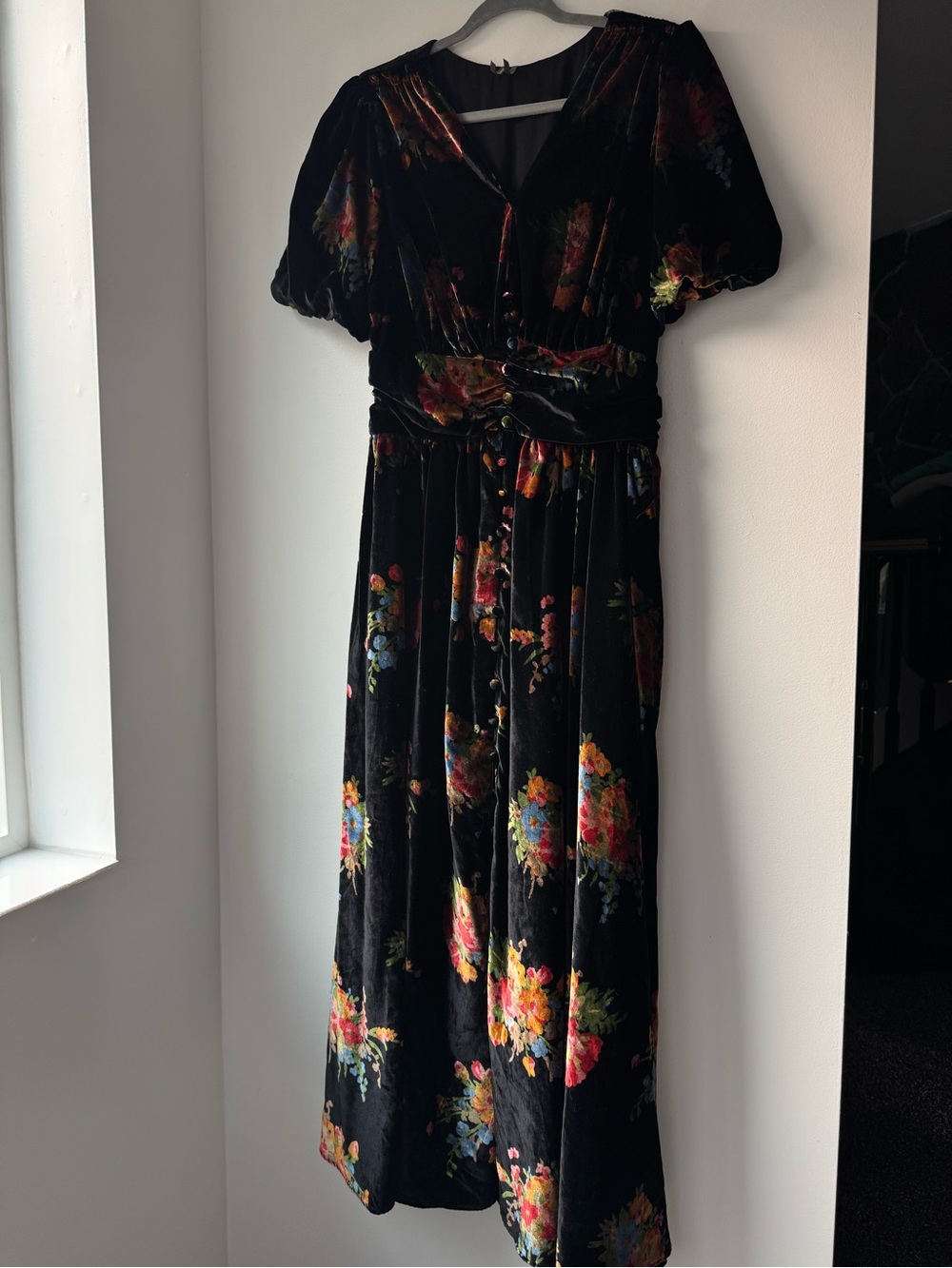 Anthropologie Katarina button front velvet dress black floral